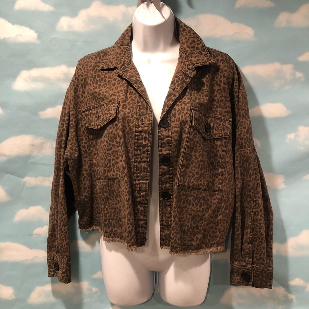 Denim Jacket Leopard Print with Raw Edge Bottom Hem by Miss Selfie
